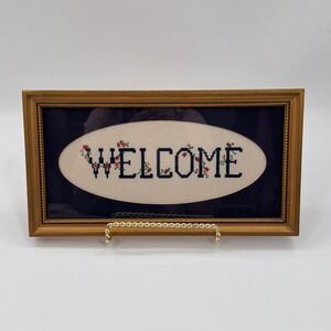 Vintage Framed Needlepoint WELCOME Floral Cross Stitch Wall Decor